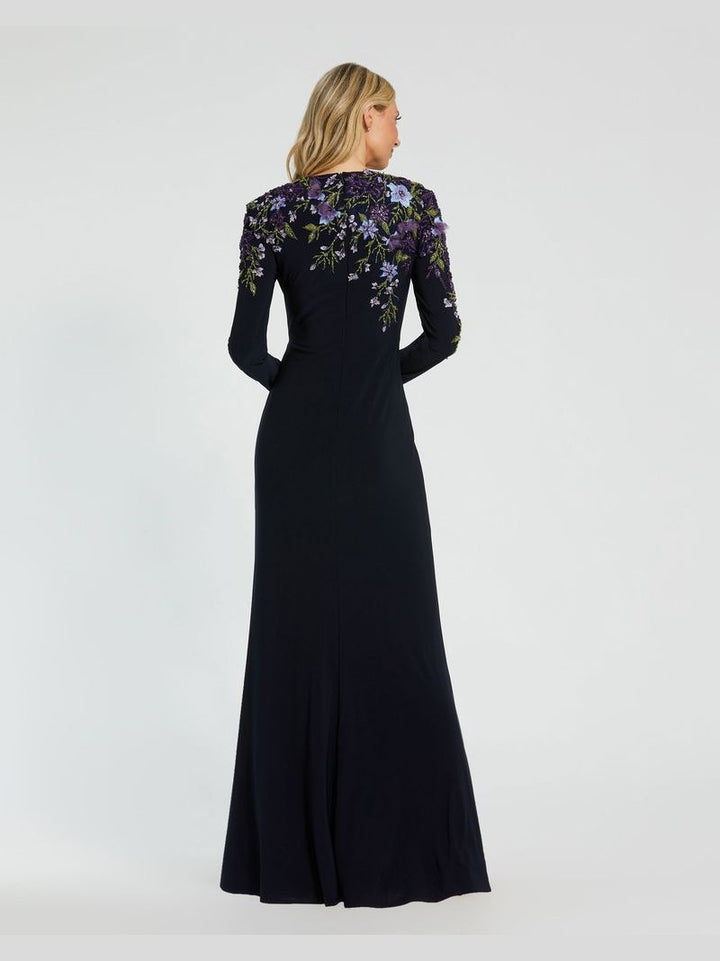 Embellished Long Sleeve Fitted Jersey Gown