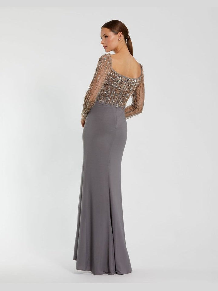 Beaded Square Neck Long Sleeve Jersey Gown