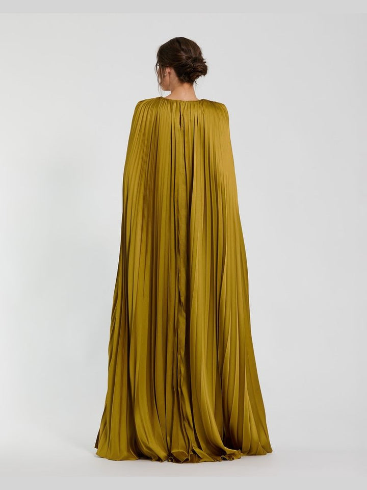 Pleated Charmeuse V Neck Gown With Cape