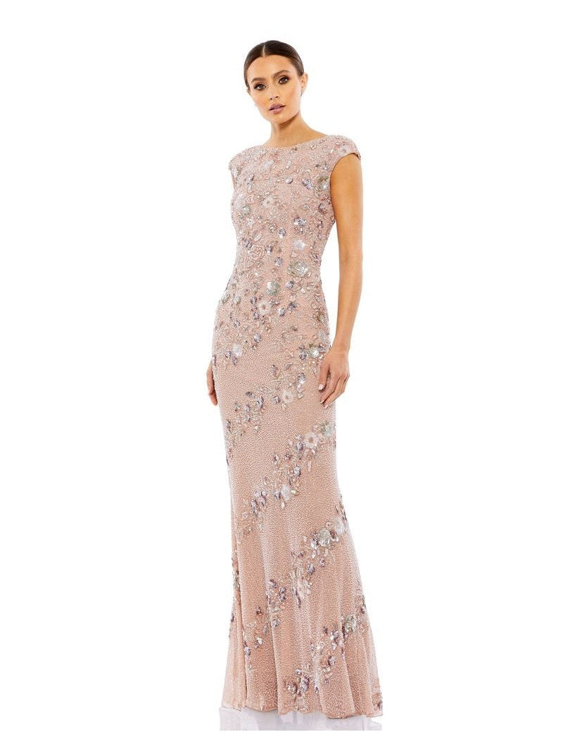 Bateau Neck Cap Sleeve Floral Beaded Column Gown