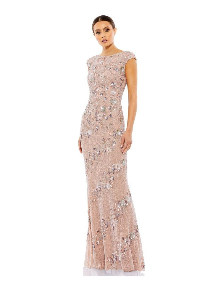 Bateau Neck Cap Sleeve Floral Beaded Column Gown