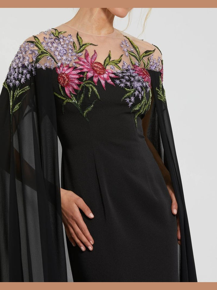 Sheer Cape Gown with Beaded Embroidery