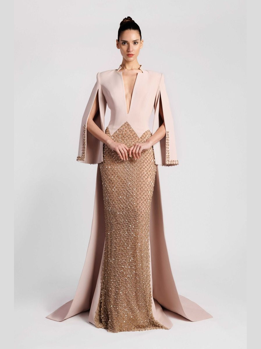 Embroidered Skirt Evening Dress with Cape Sleeves
