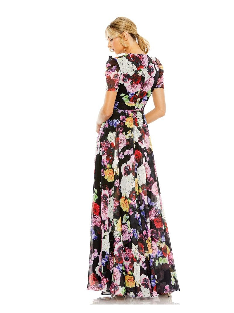 Floral Print Mesh Cap Sleeve Gown