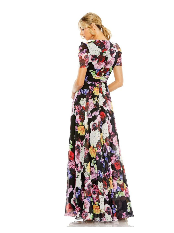 Floral Print Mesh Cap Sleeve Gown