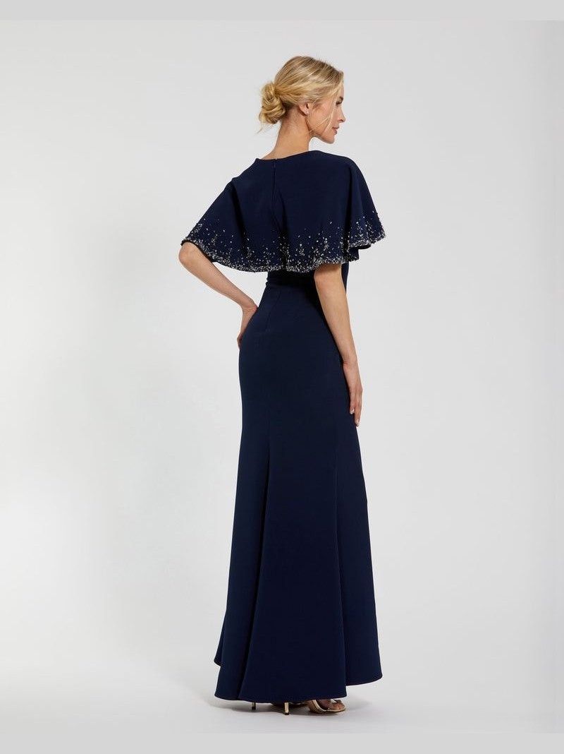 High Neck Fitted Gown With Beaded Shawl