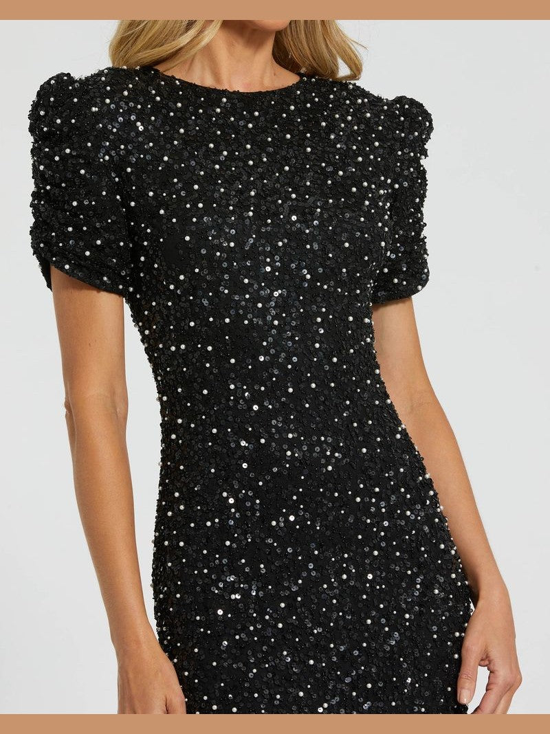 Gathered Short Sleeve Beaded Gown