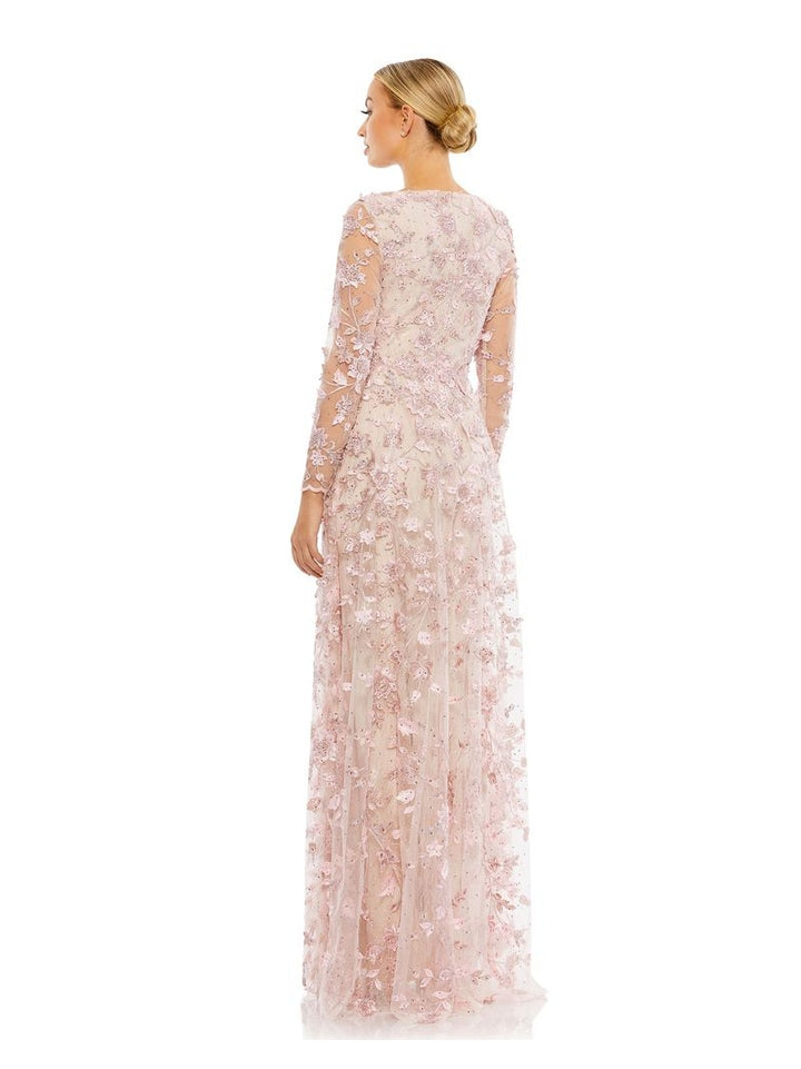 Floral Applique Long Sleeve Illusion Gown