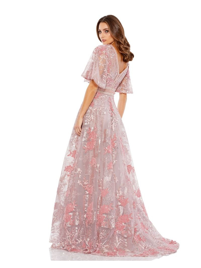 Embroidered Flounce Sleeve A Line Gown
