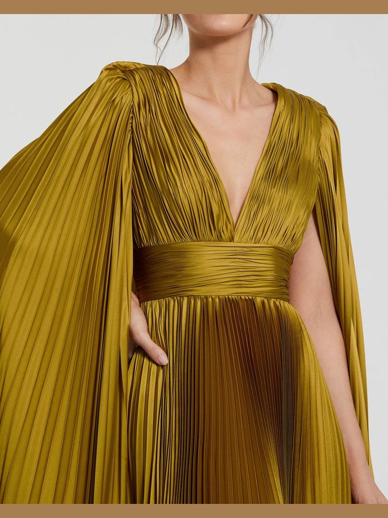 Pleated Charmeuse V Neck Gown With Cape