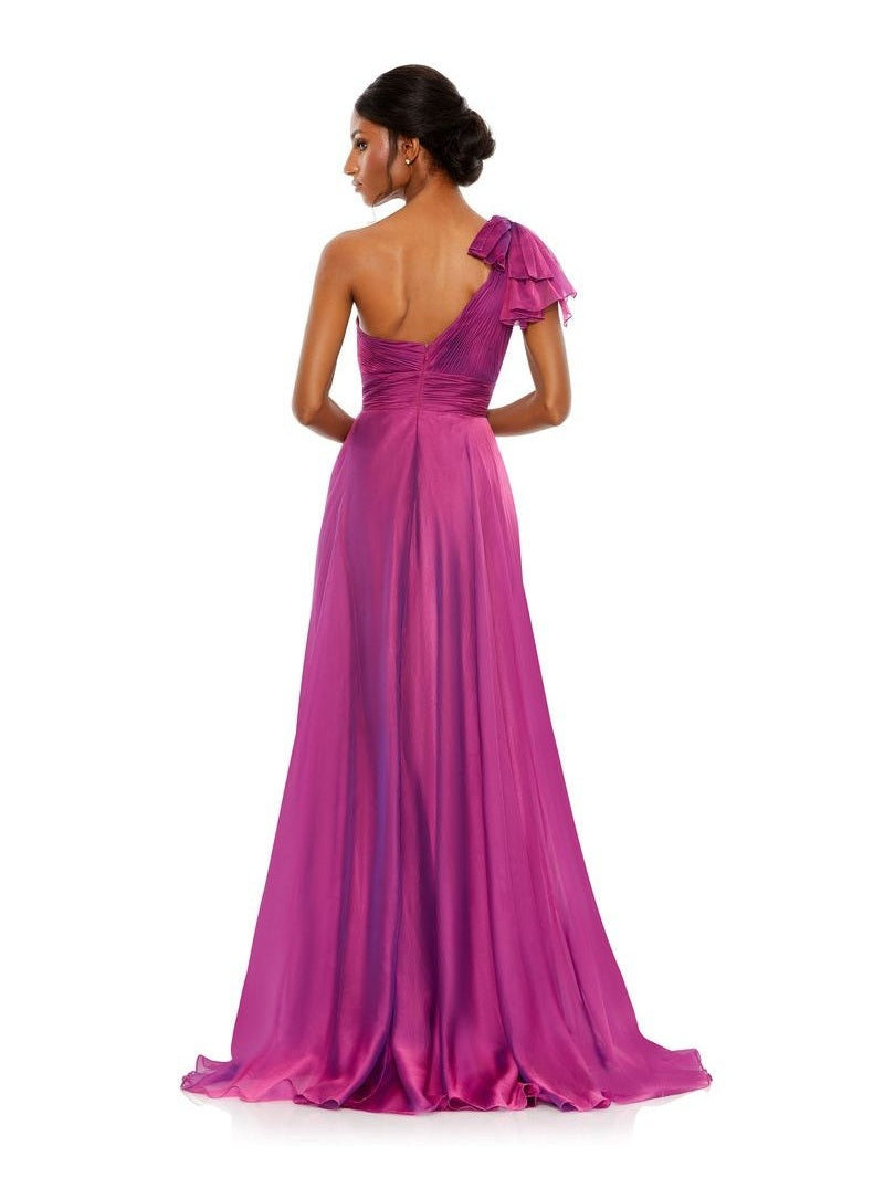 Pleated One Shoulder Chiffon Gown