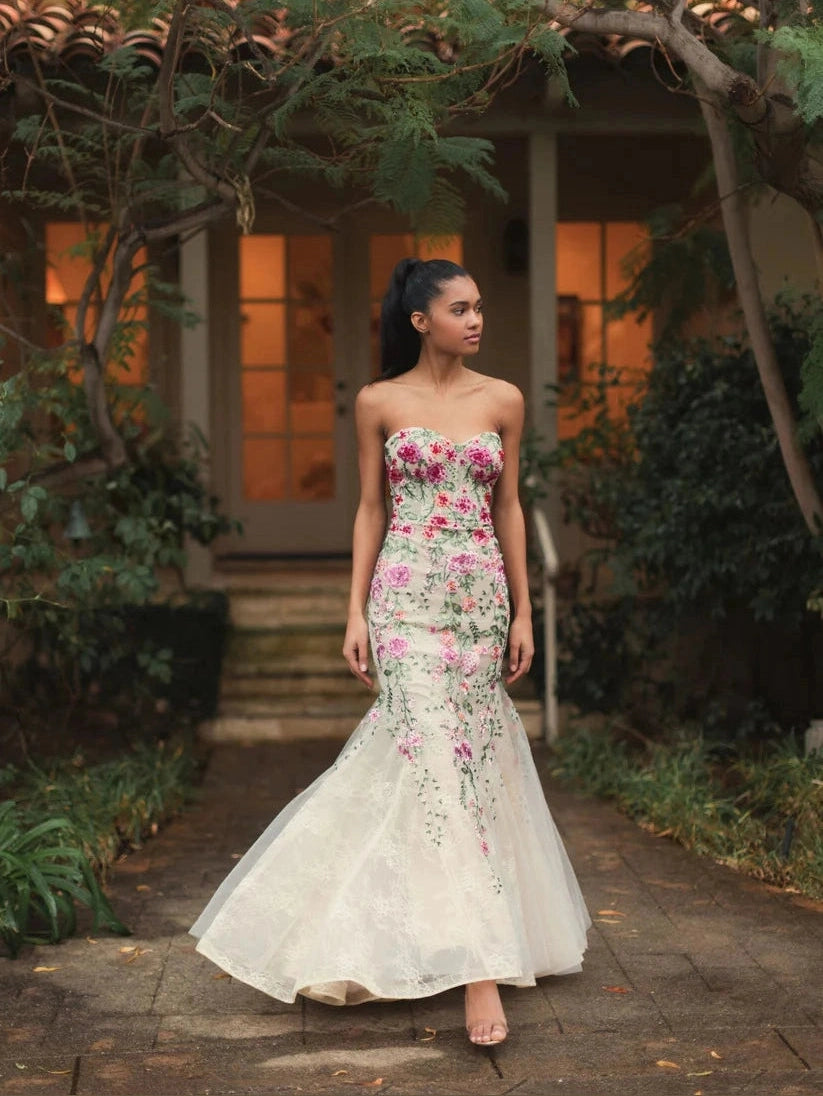 Strapless Sheer Bustier Embroidered Mermaid Gown