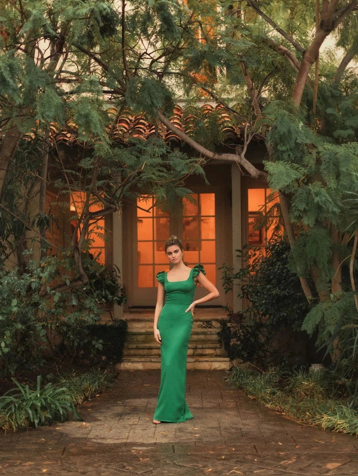 Ruffle Cap Sleeve Open Back Column Gown