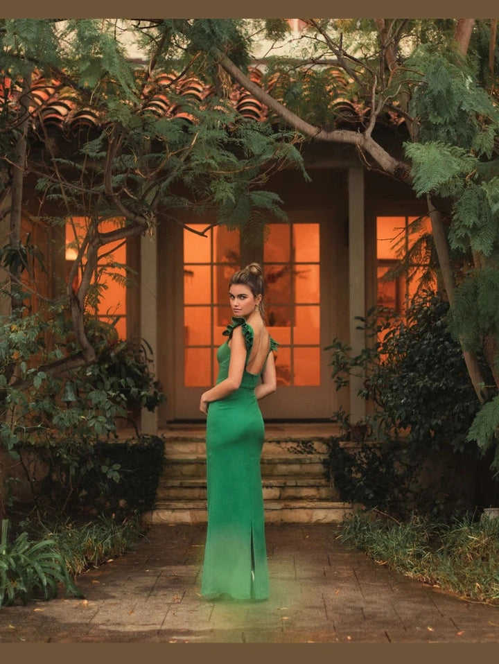 Ruffle Cap Sleeve Open Back Column Gown