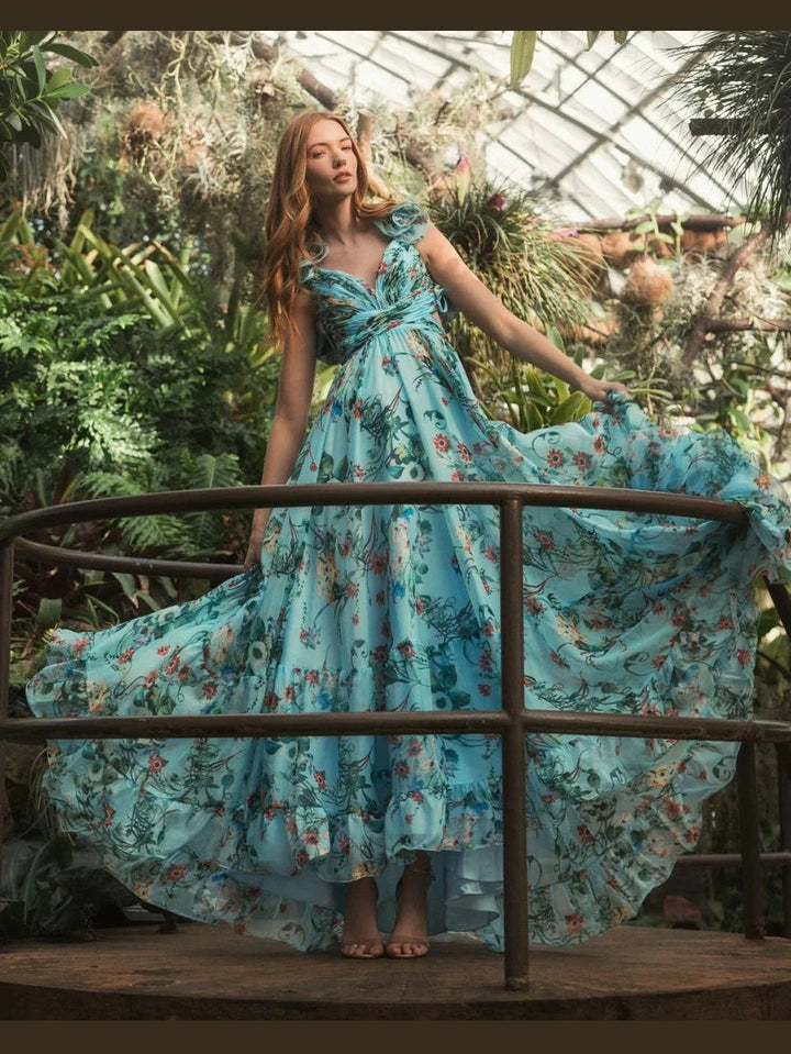 V-Neck Sleeveless Cut-Out Lace Up Back Gown