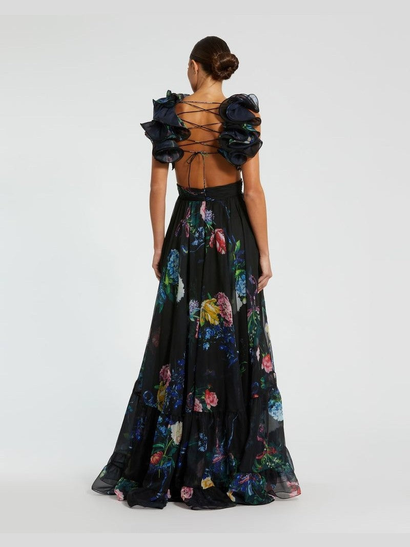 Tiered Floral Cut-Out Chiffon Gown