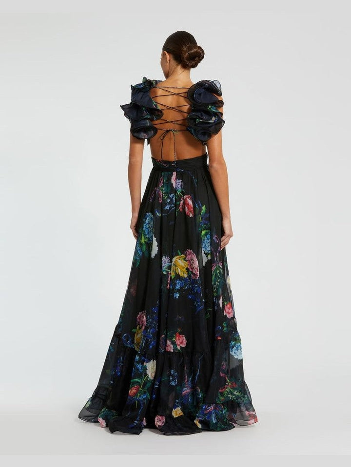 Tiered Floral Cut-Out Chiffon Gown