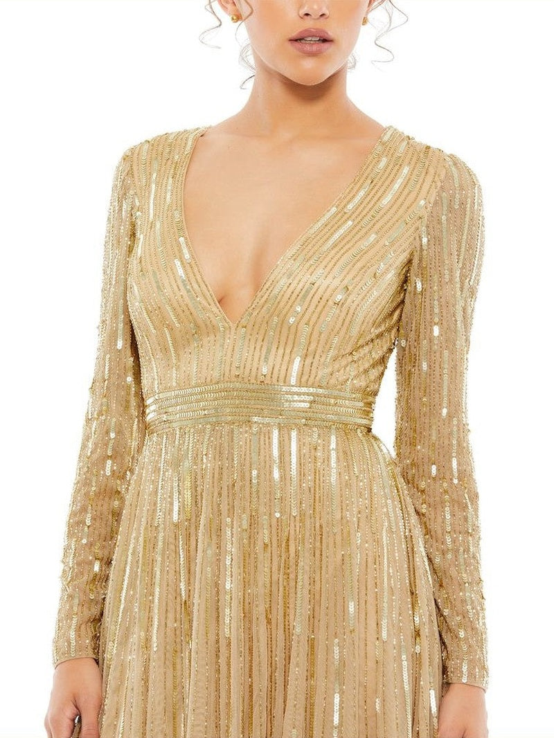 Gold Sequined V Neck Illusion Sleeve A Line Gown