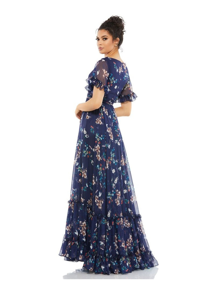 Multicolor Flounce Sleeve Floral Maxi Dress
