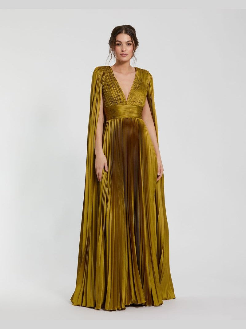 Pleated Charmeuse V Neck Gown With Cape