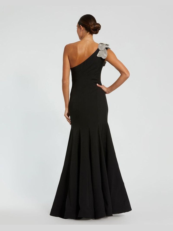 Crepe One Shoulder Gown With Crystal Flower