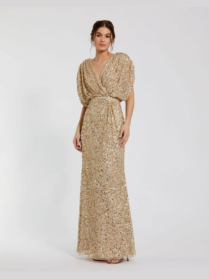 Draped Sleeve V Neck Gown