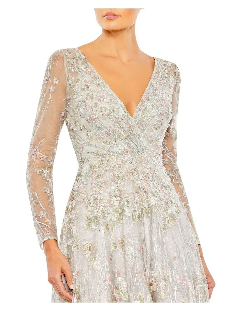 Lace Wrap Over Illusion Long Sleeve A Line Gown -Pink