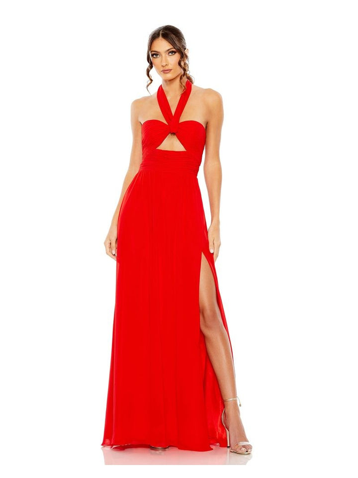 Ruched Halter Strap Keyhole Chiffon Gown
