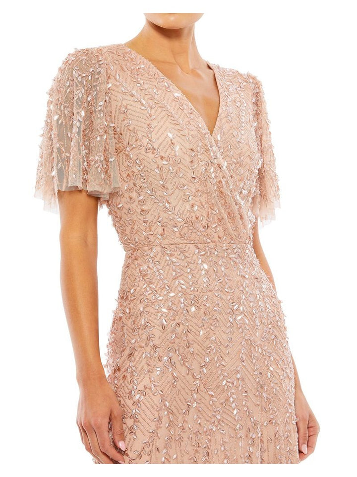 Beaded Wrap Over Butterfly Sleeve Column Gown