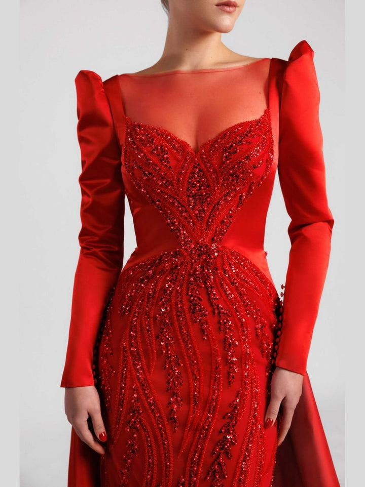 Long-Sleeve Evening Gown with Sequins Beading