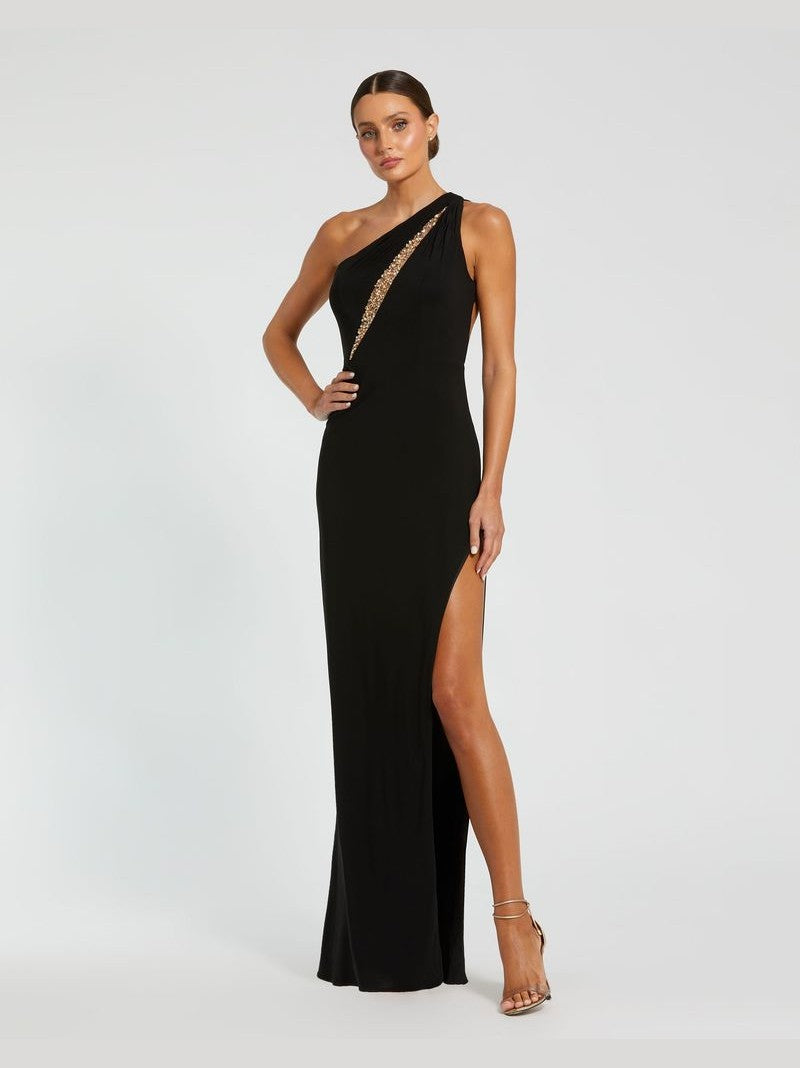 One Shoulder Gown with Sheer Embellished Cut Out