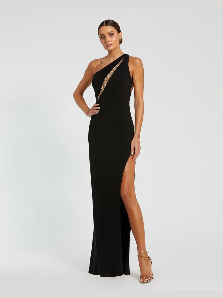 One Shoulder Gown with Sheer Embellished Cut Out