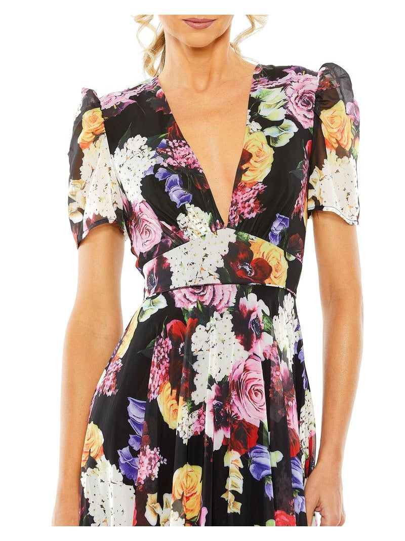 Floral Print Mesh Cap Sleeve Gown