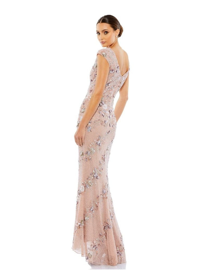 Bateau Neck Cap Sleeve Floral Beaded Column Gown