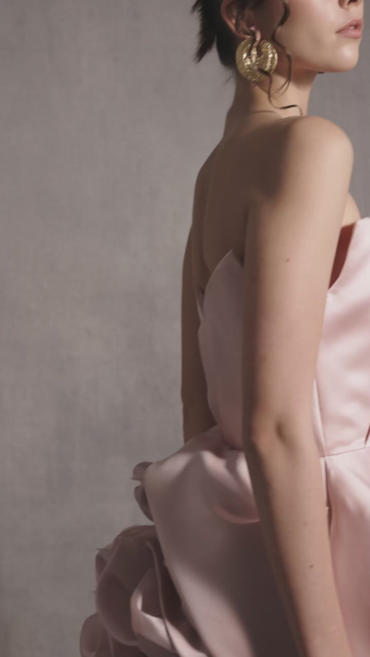 Striking Pink Strapless Dress with Lavish Feathered Ruffled Skirt