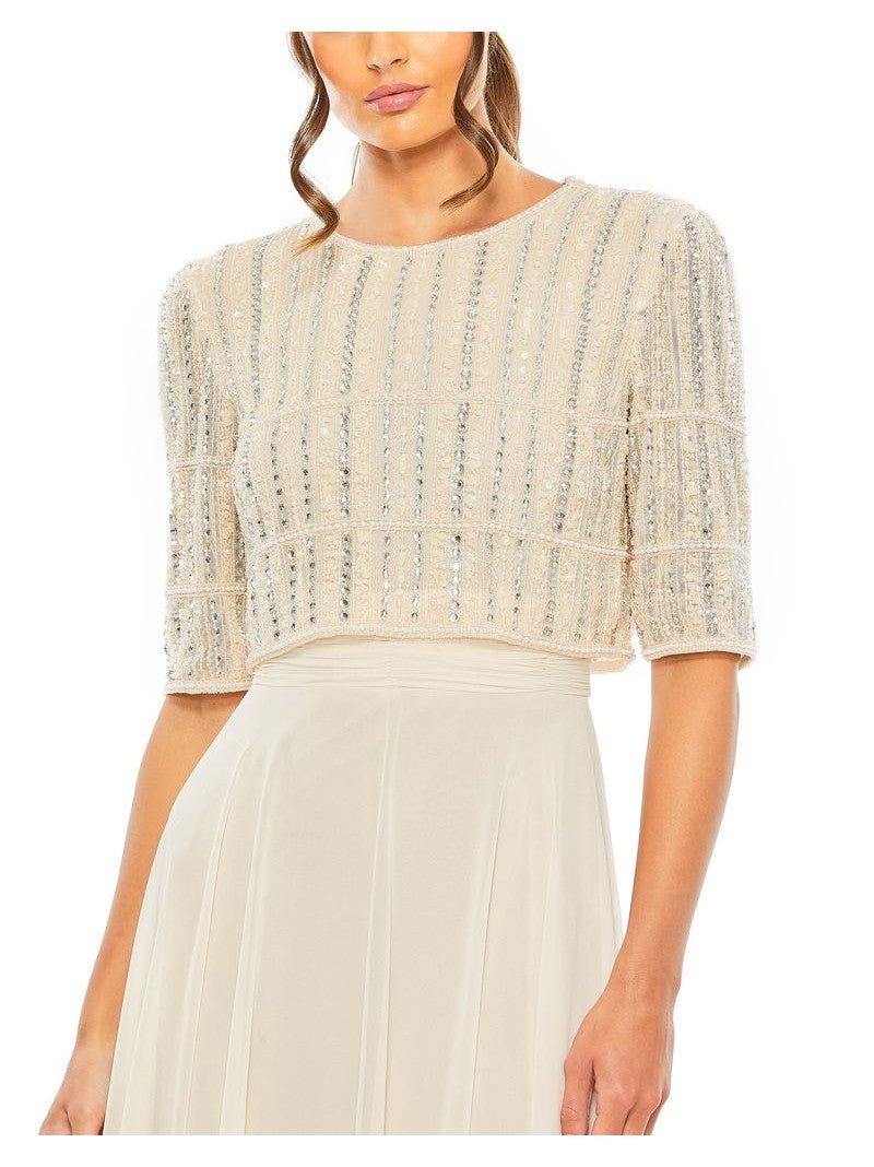 Chiffon Gown w/ Fully Beaded 3/4 Sleeve Top