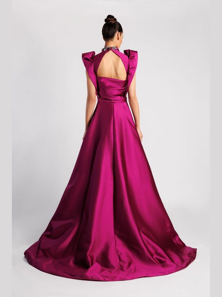Plunging V-Neck Evening Dress with Ruffled Sleeves and Overskirt