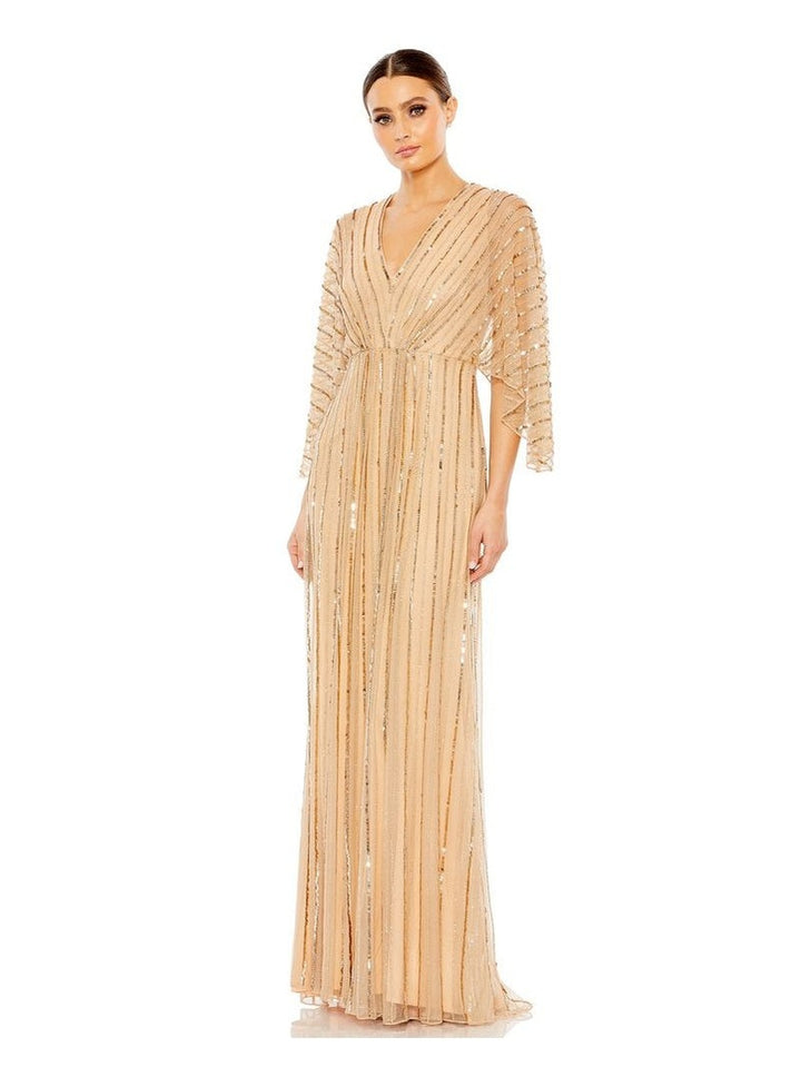 Beaded Striping Kimono Sleeve V Neck Gown