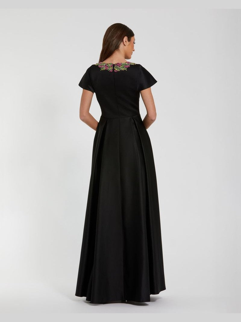 Satin Flutter Sleeve Gown With Neckline Beading