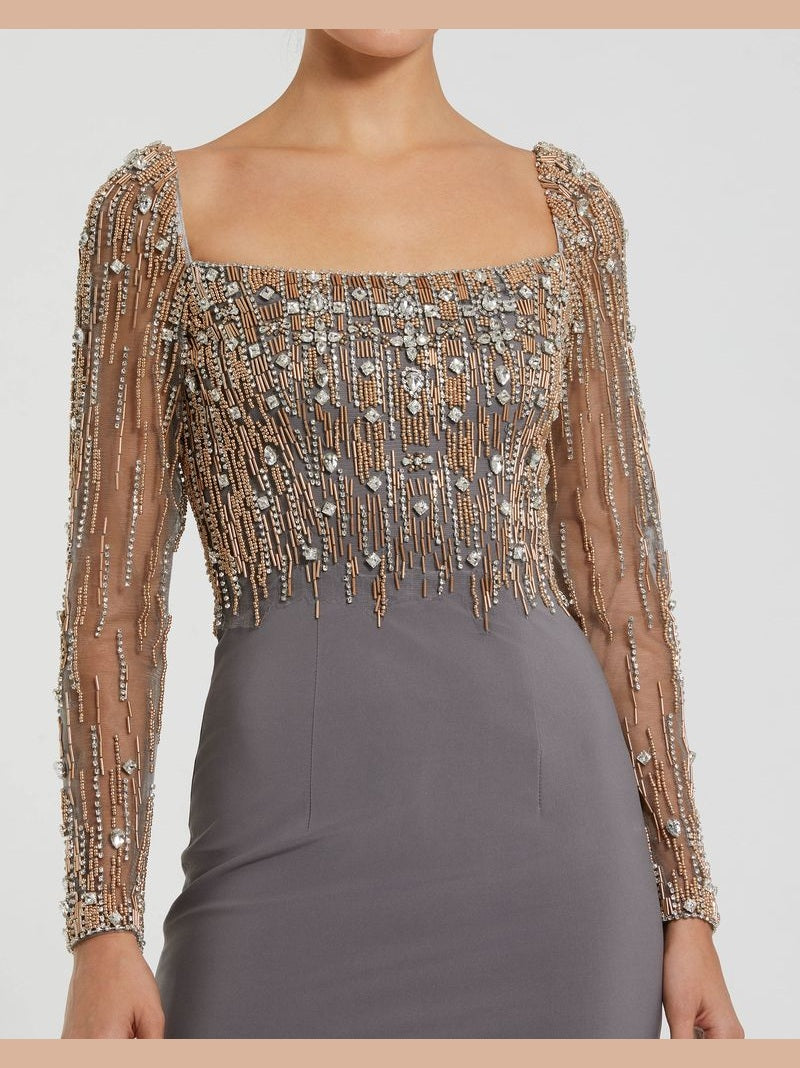Beaded Square Neck Long Sleeve Jersey Gown