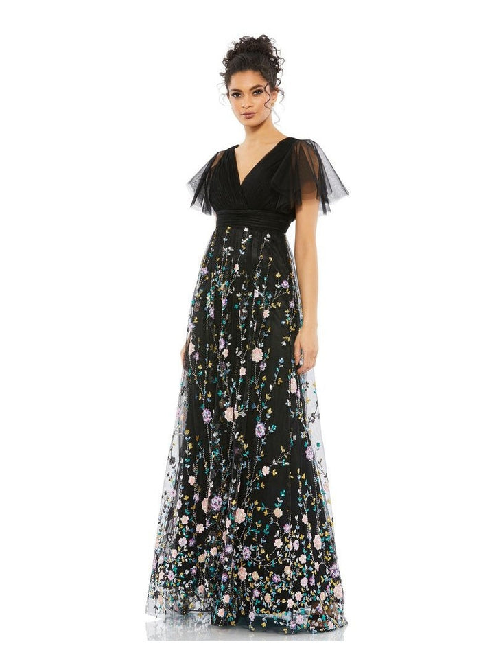 Black Embroidered Illusion Butterfly Sleeve V Neck Gown