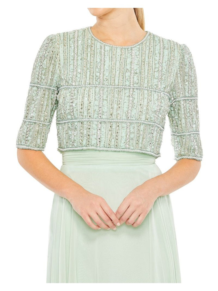 Chiffon Gown w/ Fully Beaded 3/4 Sleeve Top