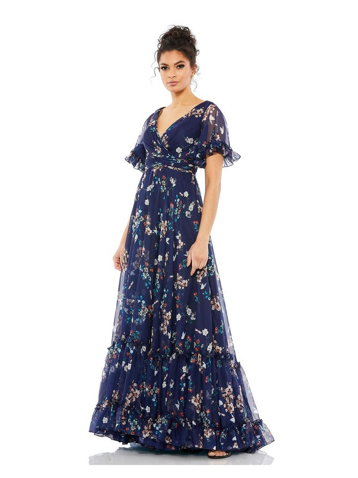 Multicolor Flounce Sleeve Floral Maxi Dress