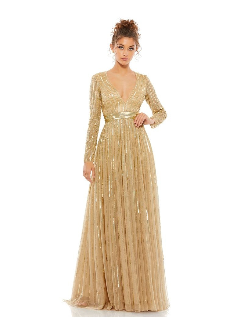 Gold Sequined V Neck Illusion Sleeve A Line Gown