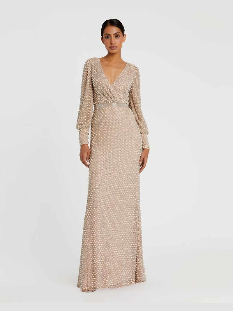 Wrap Over Bishop Sleeve Gown With Pearl Beading