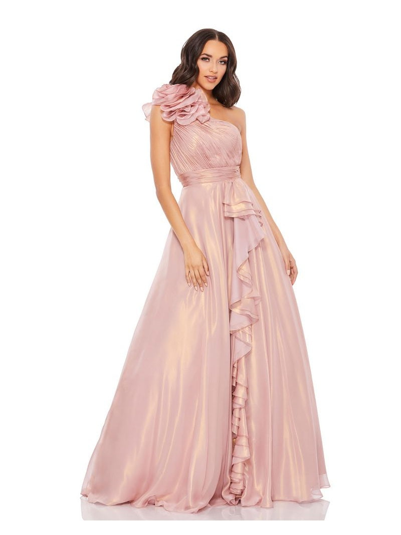 Iridescent One Shoulder Rosette Ball Gown
