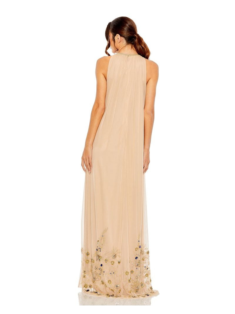 High Neck Floral Embellished Trapeze Gown
