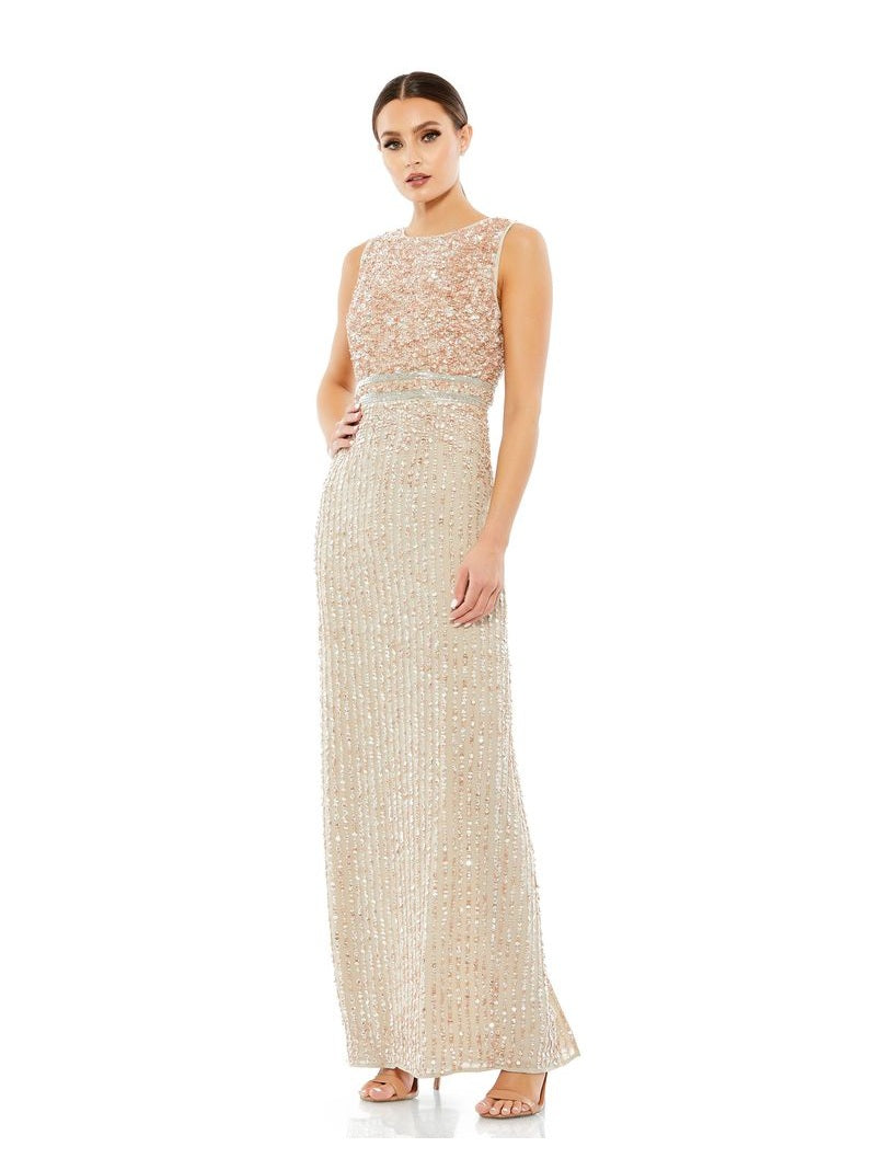 Sleeveless Column Gown with V-Neck and Ornate Beaded Bodice Burgundy