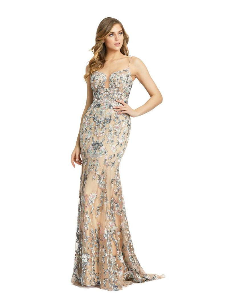 Embroidered Spaghetti Strap Trumpet Gown