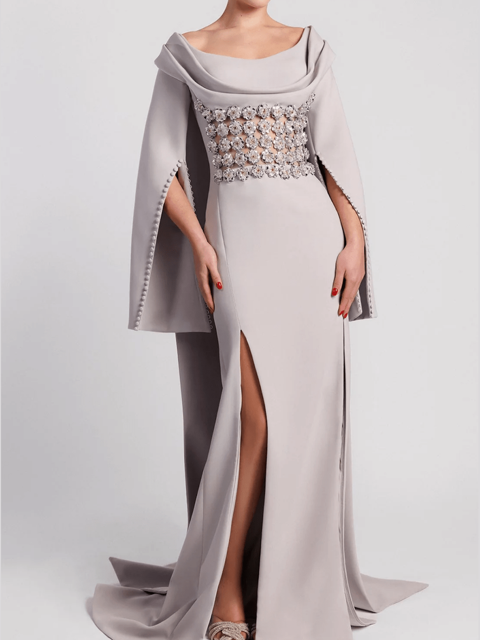 Off-the-Shoulder Evening Dress with Draped Bust and Embroidered Waist